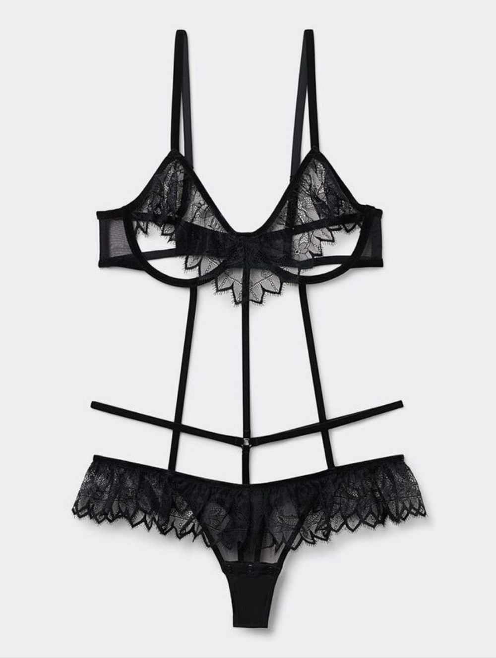 NWOT Intimissimi black lace revealing bodysuit + garter belt lingerie sz S